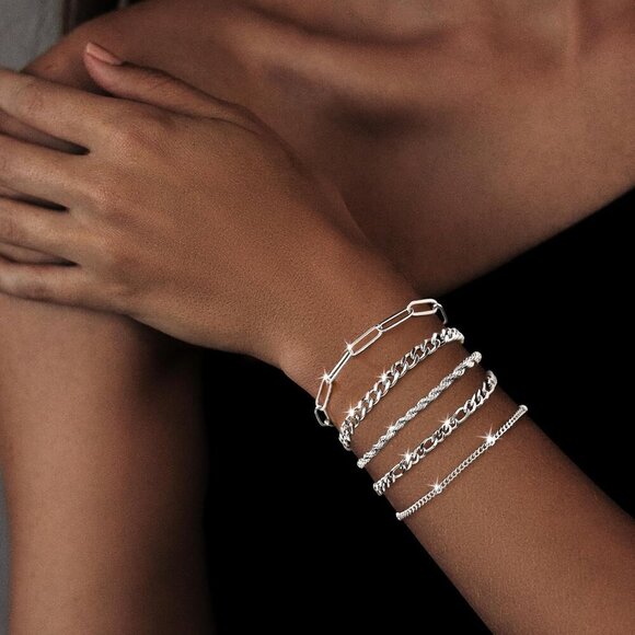 Silver-04 Dainty Stack Cuban Beaded Paperclip Bracelets Jewelry Gifts for Women - Picture 4 of 7